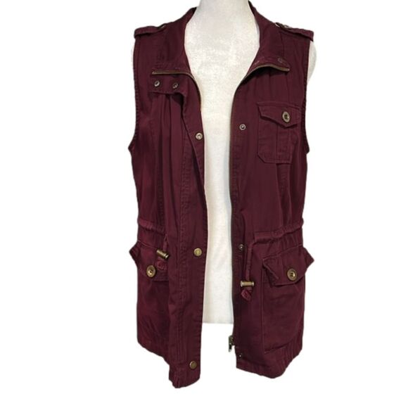 2Sable NWOT 100% cotton maroon burgundy utility vest snaps buttons zippers - S - Picture 7 of 11